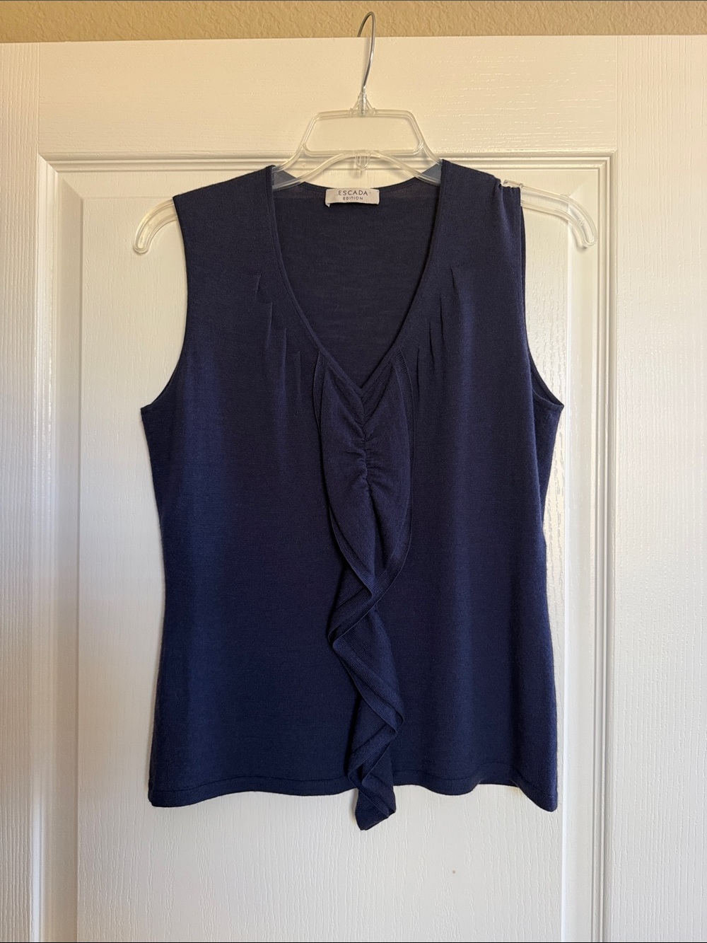 Escada Navy Silk/Wool Blend Ruffle-Front Sleeveless V-Neck Top, US10/EU40